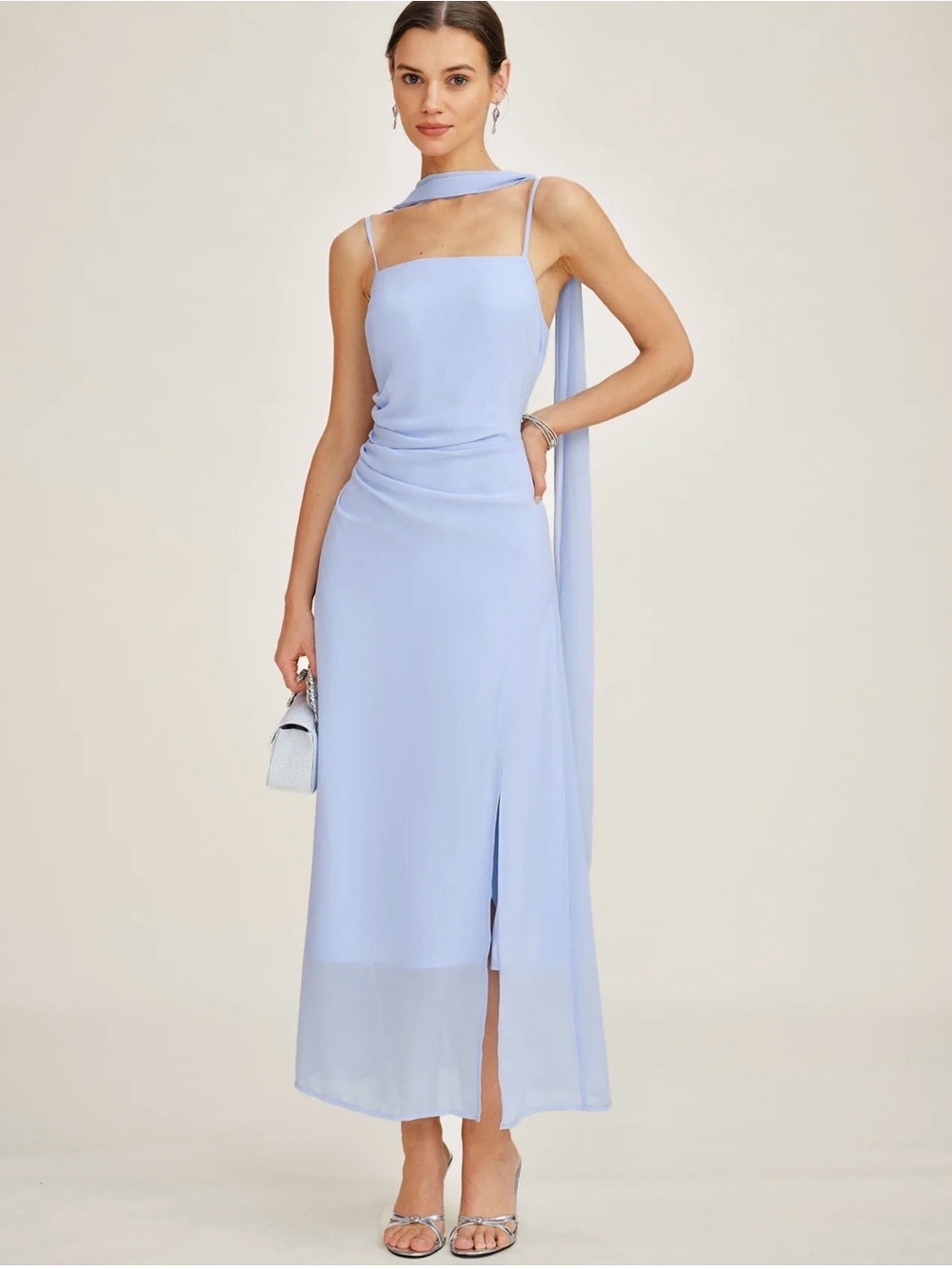 NWT Elegant Light Blue Sleeveless Maxi Dress with Scarf Detail